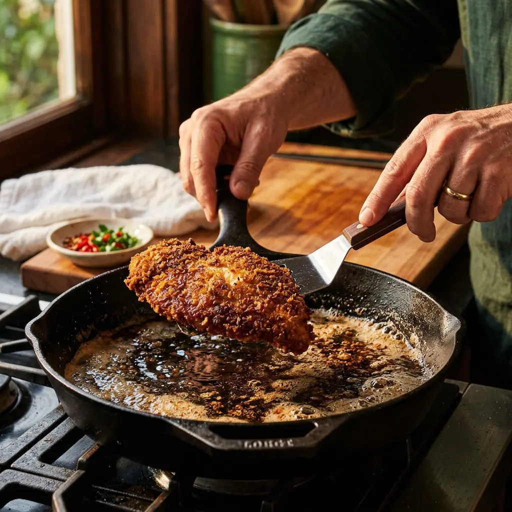 Close-up action shot of golden-brown breaded chicken cutlets sizzling in a large skillet, with a spatula gently flipping one piece.