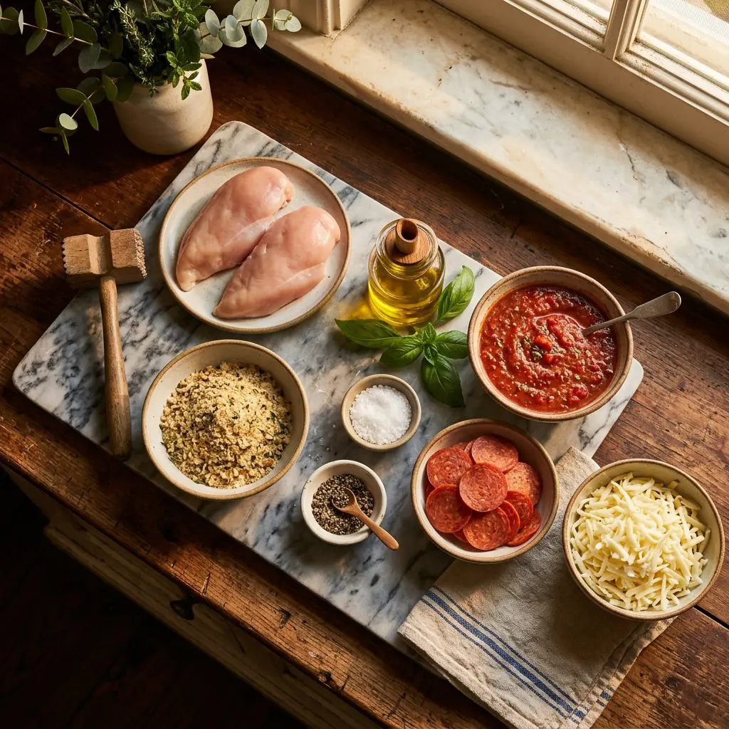 Ingredients arranged: chicken breasts, seasoned breadcrumbs, pizza sauce, sliced pepperoni, shredded mozzarella cheese, olive oil, salt, and pepper around a marble prep board.