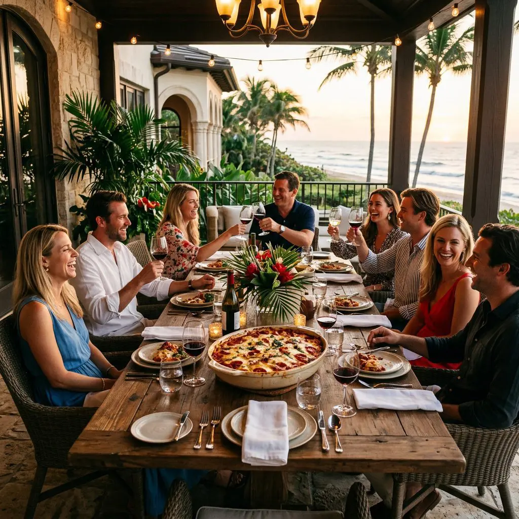 8 guests gathered around the table laughing, eating, and drinking wine. A bubbling baking dish of Chicken Pepperoni anchors the center of the joyful feast.