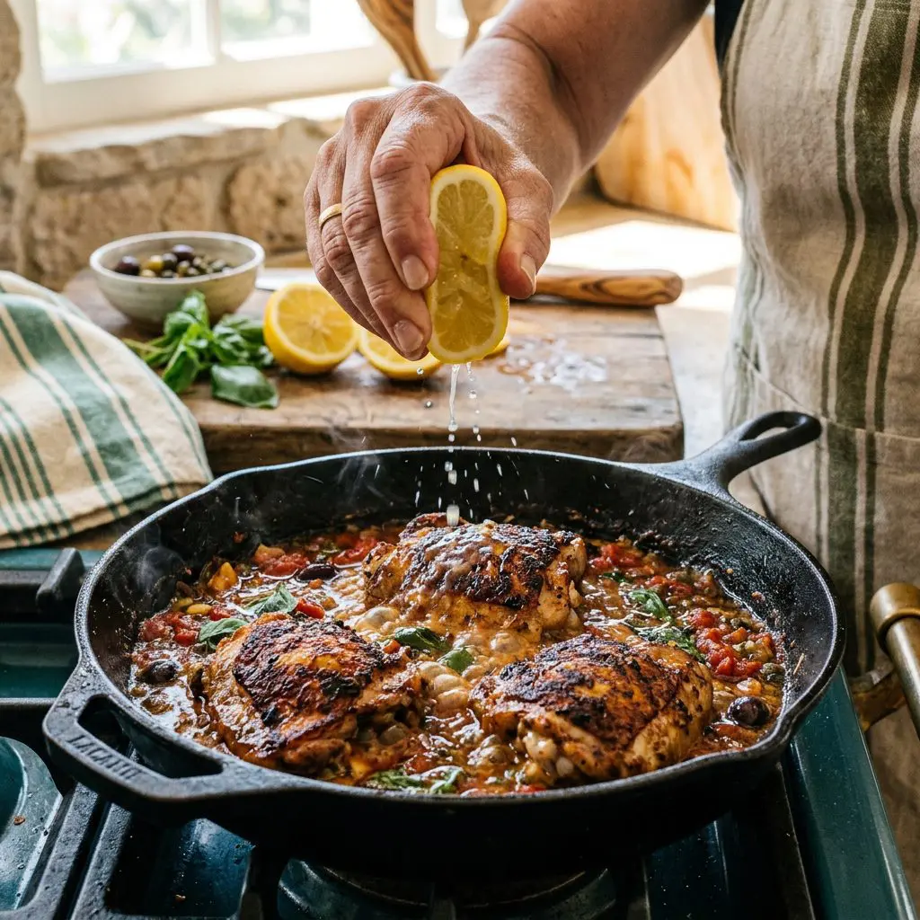 Close-up action shot of a cook's hand squeezing the juice of a fresh, bright yellow lemon over sizzling, deeply browned chicken thighs braising in a bubbling, red puttanesca sauce in a heavy skillet.