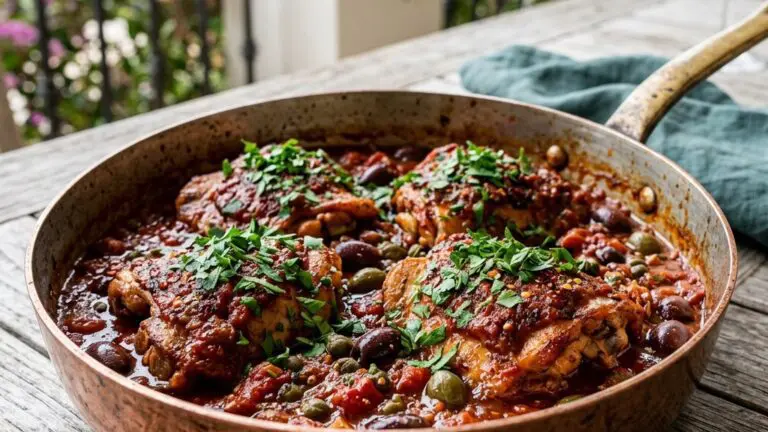 Stunning plated serving of Chicken in Puttanesca Sauce, a chef-tested recipe by Chef Jorj Morgan.