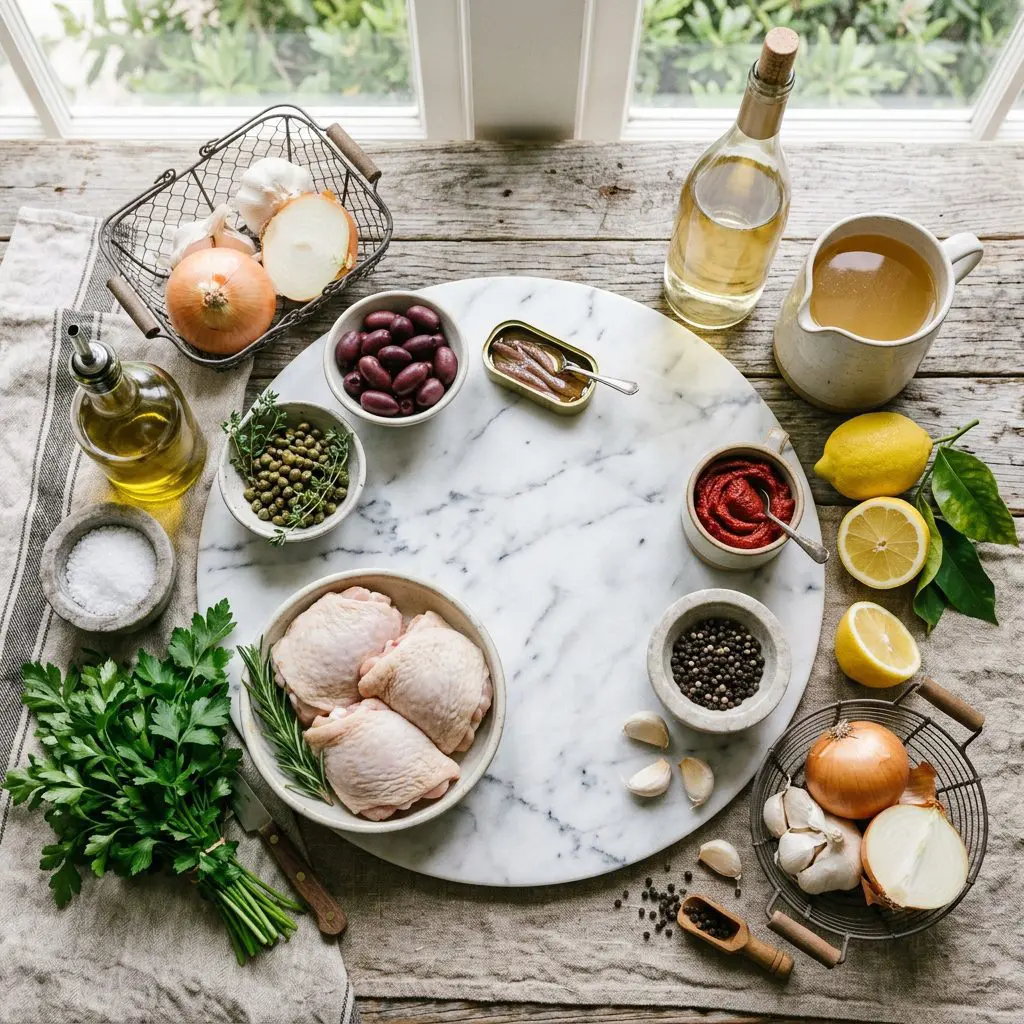 Ingredients arranged: raw bone-in, skin-on chicken thighs, Kalamata olives, capers, a tin of anchovies, tomato paste, white wine, chicken stock, fresh lemons, garlic, a yellow onion, fresh Italian parsley, olive oil, salt, and pepper around a marble prep board.