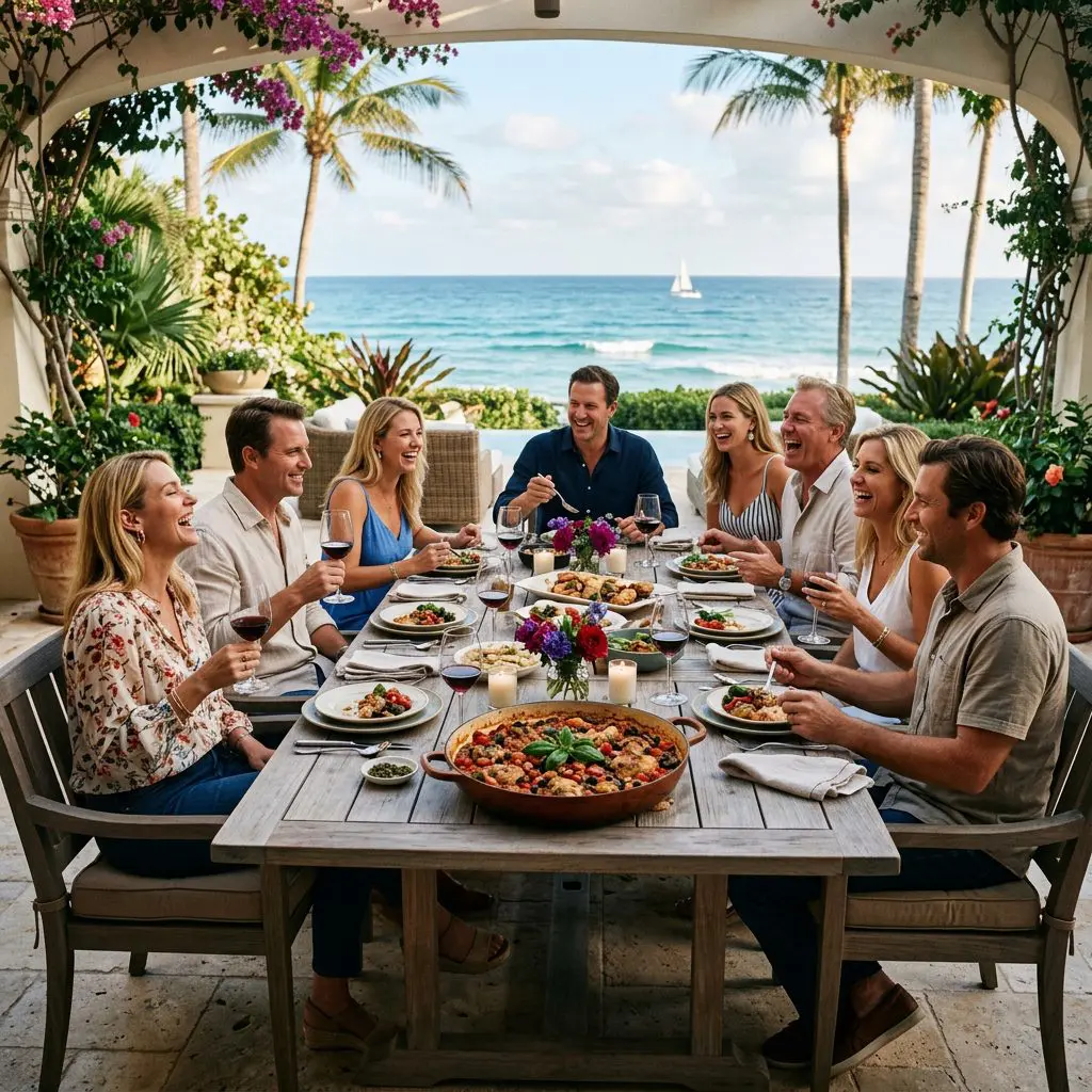 8 guests gathered around the table laughing, eating, and drinking red wine in a Palm Beach Estate dining patio with ocean views. A massive, beautiful pan of Chicken Puttanesca anchors the center of the joyful, boisterous gathering.