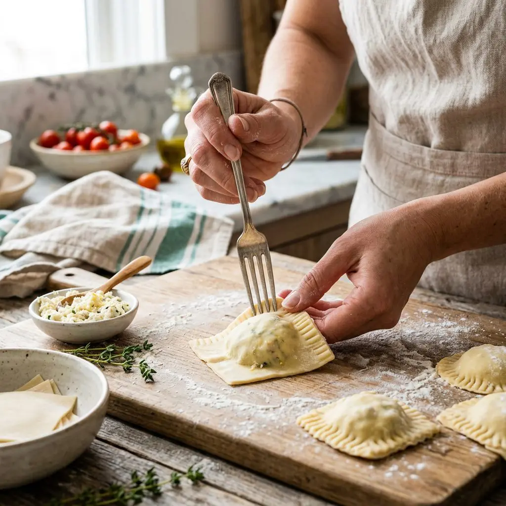 A cook's hands using the tines of a silver fork to delicately crimp and seal the edges of a square wonton wrapper, creating a plump, handmade ravioli filled with ricotta and chicken.