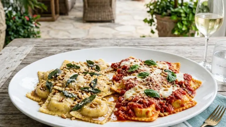 Stunning plated serving of Chicken Ravioli Two Ways, a chef-tested recipe by Chef Jorj Morgan.