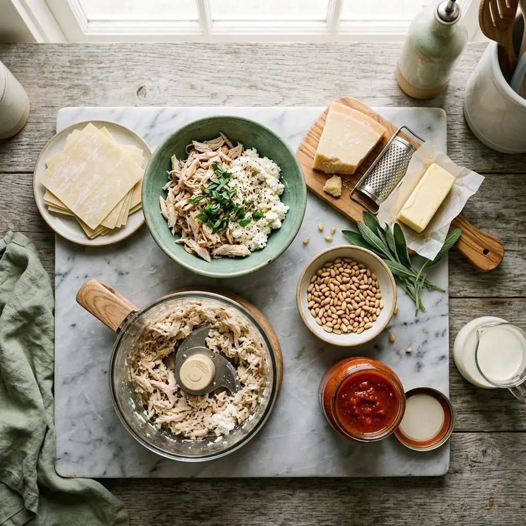Ingredients arranged: a stack of square wonton wrappers, a bowl of shredded roasted chicken mixed with ricotta and fresh basil, a block of Parmesan cheese, a stick of butter, fresh sage leaves, a jar of rich marinara, half-and-half, pine nuts, and a food processor bowl on a marble prep board.
