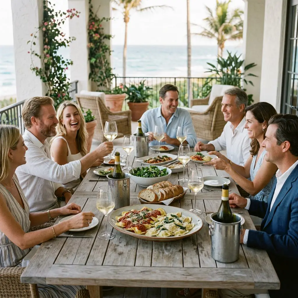 8 guests gathered around the table laughing, eating, and drinking chilled Gavi di Gavi in long-stemmed glasses in a Palm Beach Estate dining patio with ocean views. A massive, beautiful platter of Ravioli Two Ways anchors the intimate, romantic dinner party.