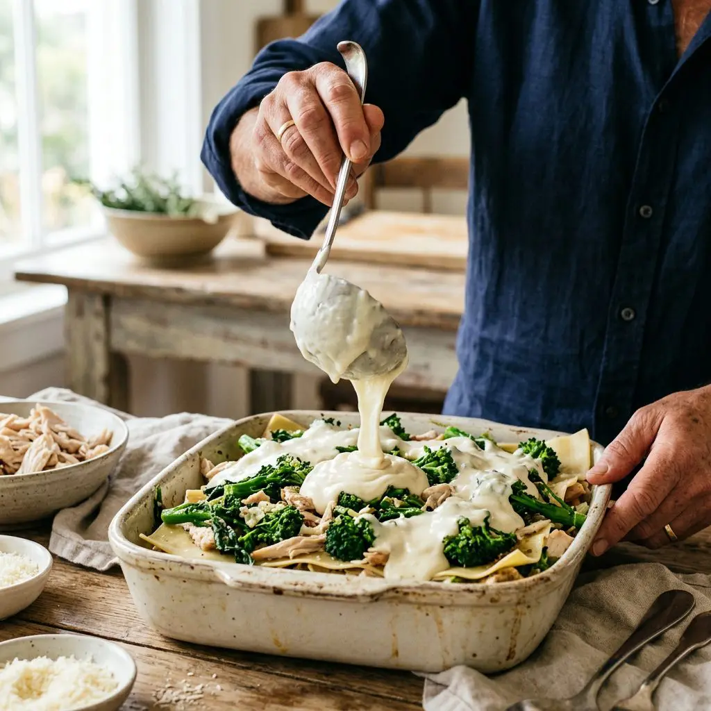 A cook's hands using a silver ladle to pour a thick, velvety, creamy white goat cheese béchamel sauce generously over a layer of fresh pasta, shredded chicken, and vibrant green broccoli rabe inside a deep ceramic lasagna pan.