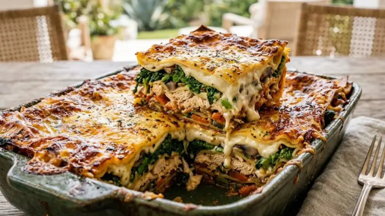 Stunning plated serving of Chicken and Veggie Lasagna, a chef-tested recipe by Chef Jorj Morgan.