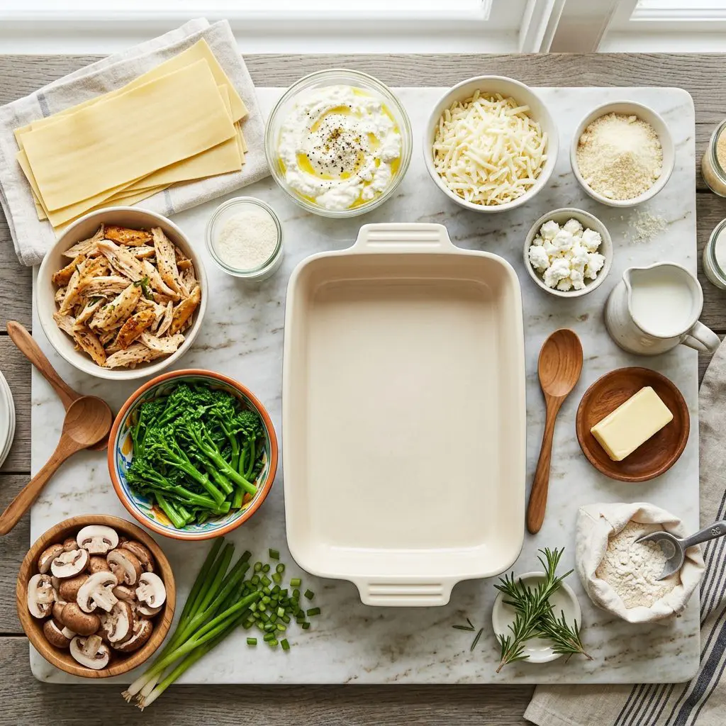 Ingredients arranged: fresh lasagna noodles, shredded roasted chicken, bright green broccoli rabe, sliced mushrooms, green onions, ricotta, mozzarella, Parmesan, goat cheese, milk, butter, flour, and fresh rosemary around a massive deep baking dish on a marble prep board.