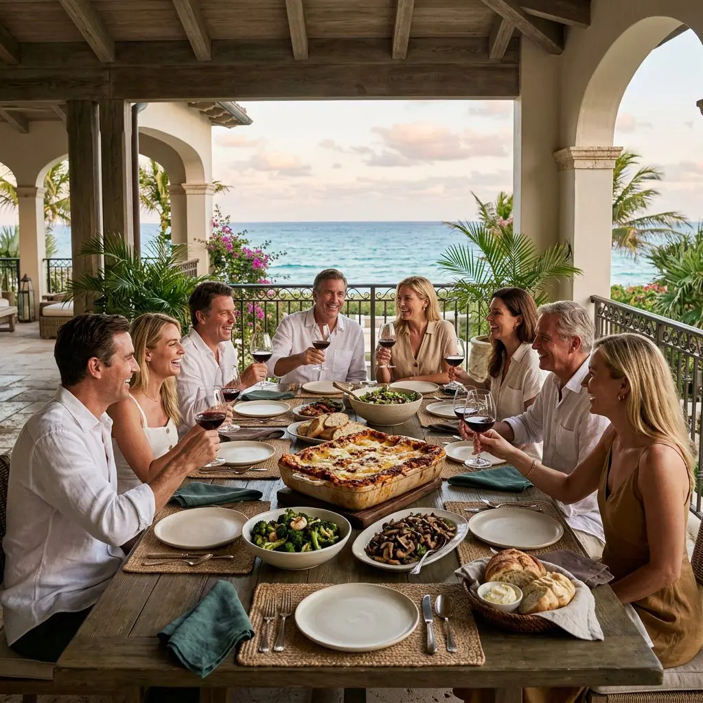 8 guests gathered around the table laughing, eating, and drinking Pinot Noir in wide-bowled glasses in a Palm Beach Estate dining patio with ocean views. A massive, bubbling ceramic baking dish of Lasagna anchors the rowdy, sprawling, comforting family gathering.