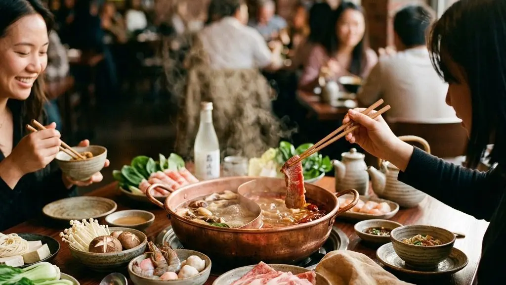 The dual-compartment hot pot simmering with curry and mushroom broths