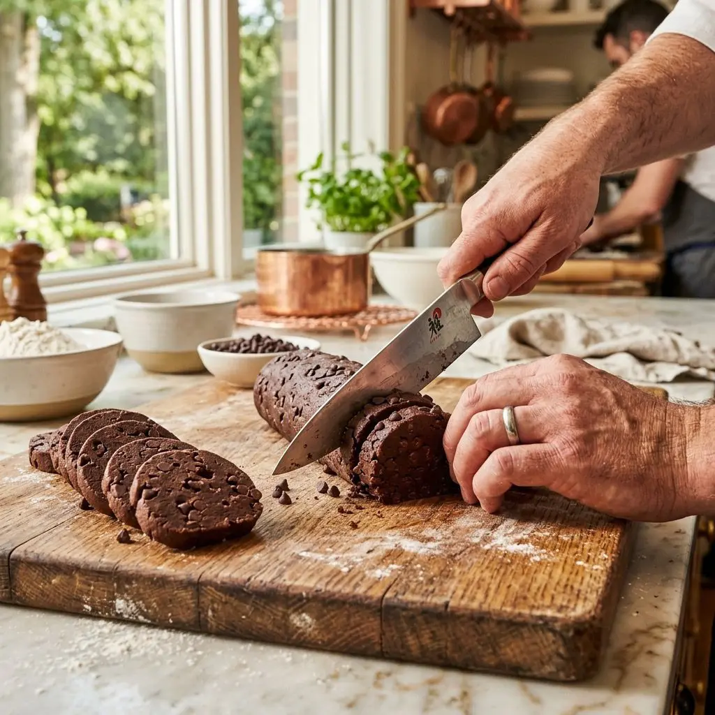 Action shot of a cook's bare, very clean hands slicing the chilled, dark chocolate cookie dough log into perfect ¼-inch rounds on a light wood prep surface using a sharp knife, highlighting the mini chocolate chips inside the log.