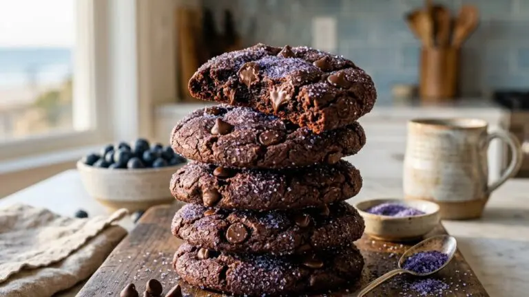 Stunning plated serving of Chocolate Cookies with Wild Blueberry Sugar, a chef-tested recipe by Chef Jorj Morgan.