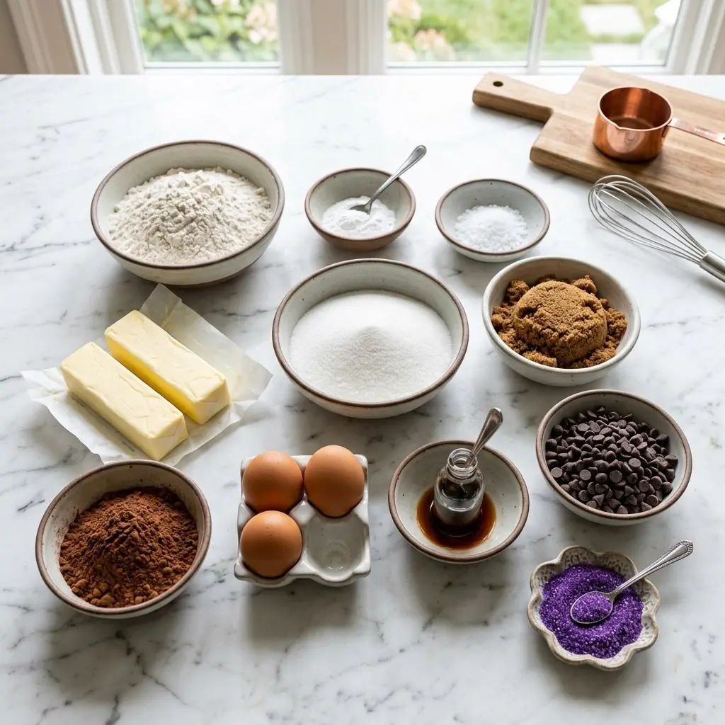 An overhead, neatly organized mise en place on a white marble countertop. Styled ceramic dishes contain unbleached all-purpose flour, baking powder, kosher salt, rich cocoa powder, granulated sugar, dark brown sugar, room temperature butter, fresh eggs, vanilla extract, a bowl of mini semisweet chocolate chips, and a small glass bowl filled with vibrant purple wild blueberry sugar.