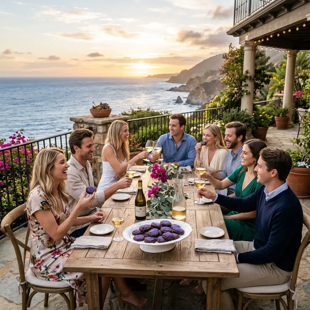 A sun-drenched coastal estate veranda overlooking a sparkling blue ocean. Exactly eight young adult guests, consisting of four couples, are laughing and sharing deep chocolate cookies dusted with purple wild blueberry sugar from a beautiful ceramic serving dish, while clinking glasses of sweet white dessert wine.