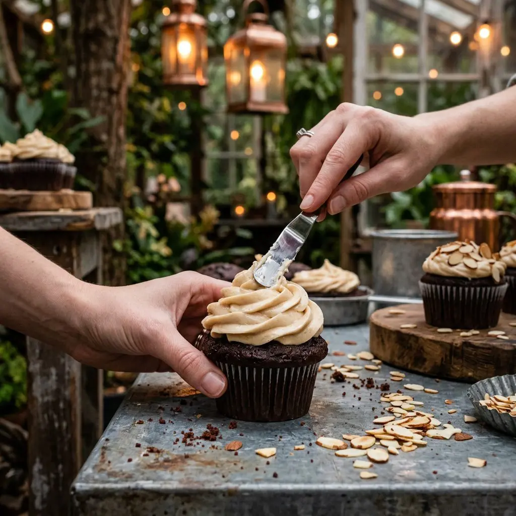 Clean hands gently frosting a dark chocolate cupcake with a generous, swirling slather of rich and glossy pale-tan almond butter-cream cheese frosting using a small offset spatula. Freshly toasted sliced almonds are scattered on the zinc tabletop nearby.
