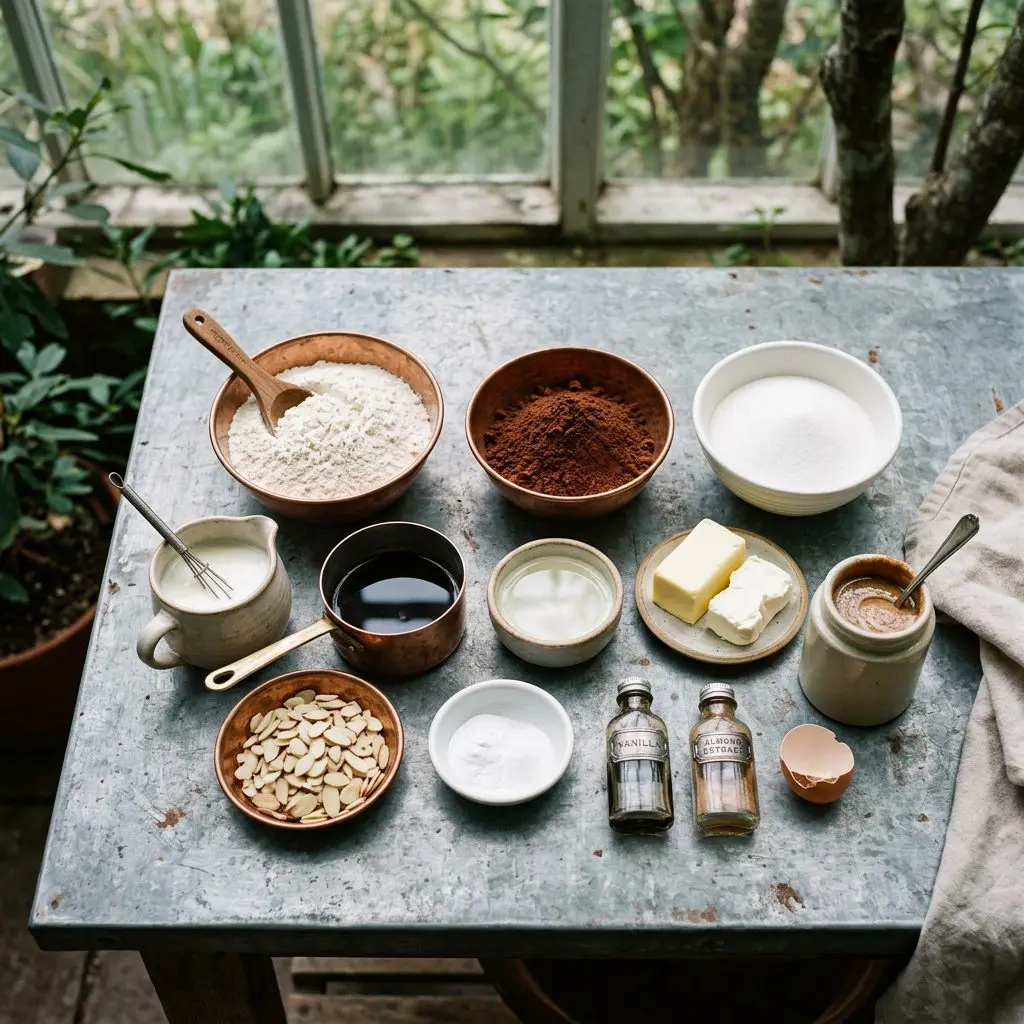 Raw ingredients (mise en place) for chocolate almond cupcakes, arranged in copper and white ceramic bowls on a matte zinc estate table. The ingredients include unbleached flour, granulated sugar, dark cocoa powder, baking soda, buttermilk, brewed coffee, coconut oil, vanilla and almond extracts, cream cheese, butter, creamy almond butter, and raw sliced almonds.