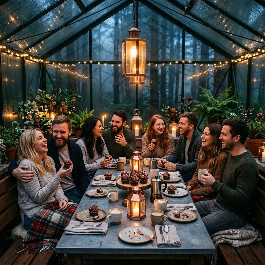 Eight guests laughing, sharing warm conversation, and enjoying frosted chocolate cupcakes together. They are gathered around a long zinc table inside a cozy, glass-walled garden conservatory nestled in a misty pine forest at twilight. Warm copper lanterns and soft hanging string lights illuminate the space. Soft blankets, rustic tableware, and warm mugs of coffee are on the table.