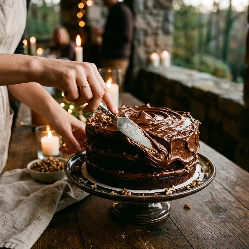 Clean hands using a silver spatula to frost a triple-layer Chocolate Mahogany Cake with rich, swirling, glossy chocolate black walnut buttercream frosting. The smooth textures of the frosting catch the warm, soft glow of nearby candles.