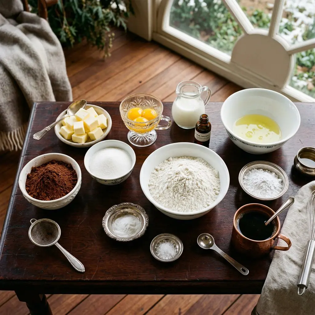 The raw ingredients (mise en place) for a Chocolate Mahogany Cake, arranged on a dark polished mahogany estate table. Organized neatly in silver and white porcelain bowls are: cake flour, baking soda, kosher salt, cocoa powder, granulated sugar, room-temperature margarine, fresh egg yolks in a crystal cup, fresh buttermilk in a glass pitcher, black walnut flavoring in an amber vial, egg whites in a bowl, confectioners' sugar, and brewed coffee in a copper cup.