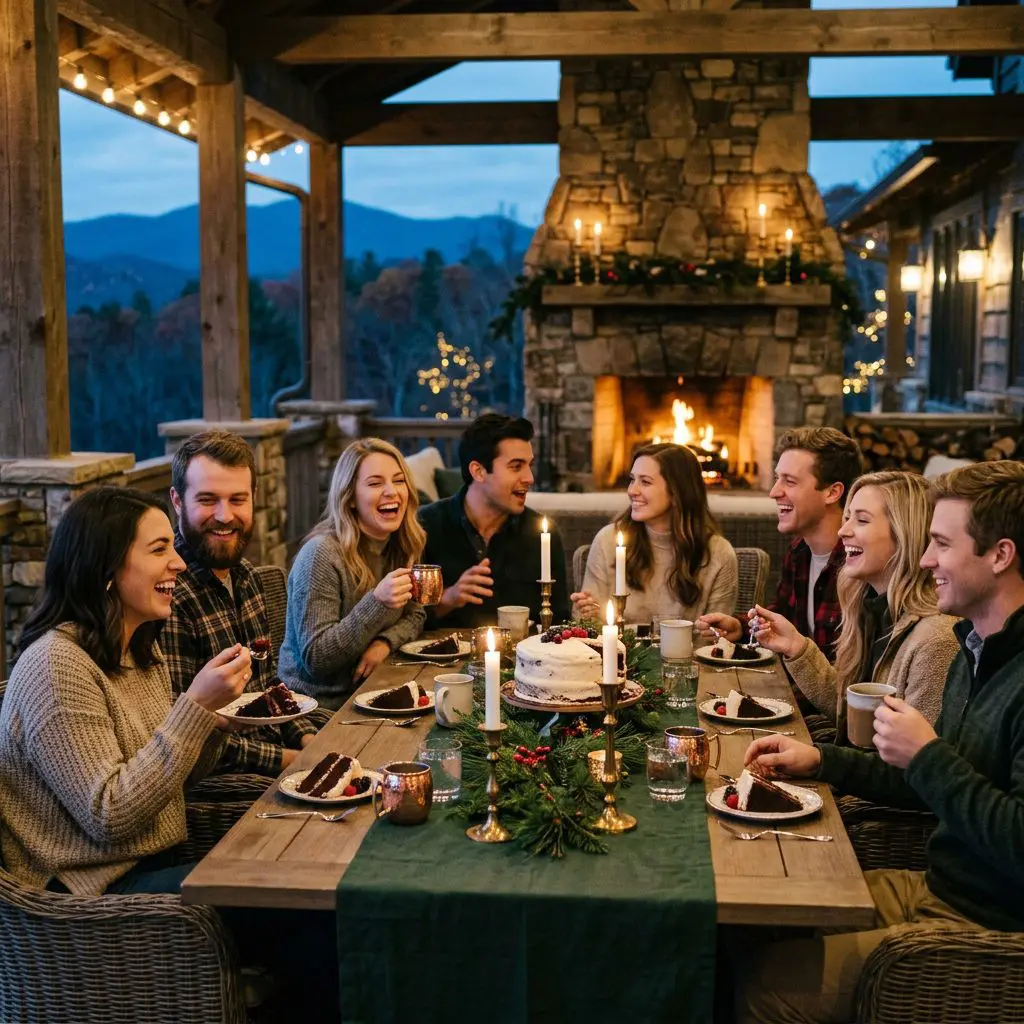 Eight guests laughing, sharing warm conversation, and enjoying slices of the Chocolate Mahogany Cake. They are gathered around a long table draped in dark forest-green linen on a beautiful, rustic-veranda of a North Carolina Estate at twilight. On the table are silver plates with slices of cake, a stone fireplace glowing in the background brass candlesticks casting flickering light, and copper mugs of hot coffee.