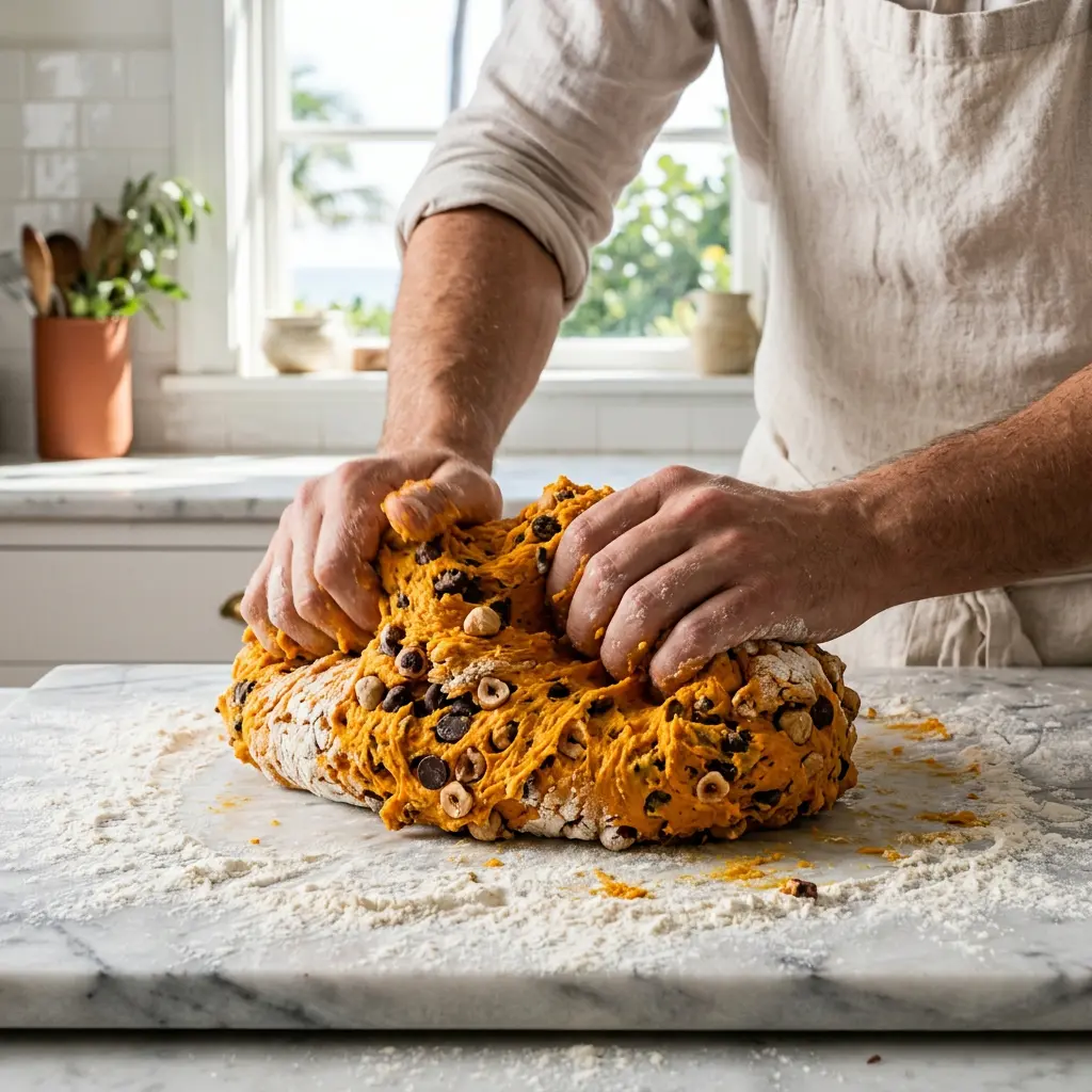 A cook's floured bare hands kneading a heavy, violently thick, intensely orange dough studded with dark chocolate chips and toasted hazelnuts directly on a floured marble slab. The rich ingredients are bursting through the soft, vibrant raw dough.