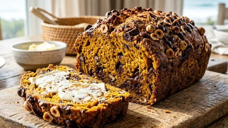 Stunning plated serving of Chocolate Pumpkin Bread with Hazelnuts, a chef-tested recipe by Chef Jorj Morgan.