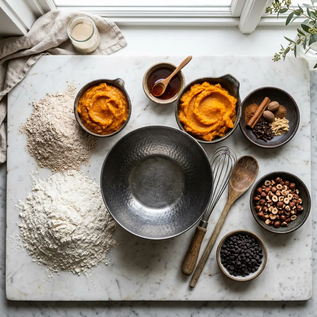 Ingredients arranged: massive mounds of unbleached bread flour and coarse whole wheat flour, a dark ceramic bowl of incredibly vibrant, thick orange pumpkin puree, small bowls of rich maple syrup, dark brown spices, chopped hazelnuts, and heaps of intensely dark mini chocolate chips surrounding a heavy metal mixing bowl on a marble prep board.