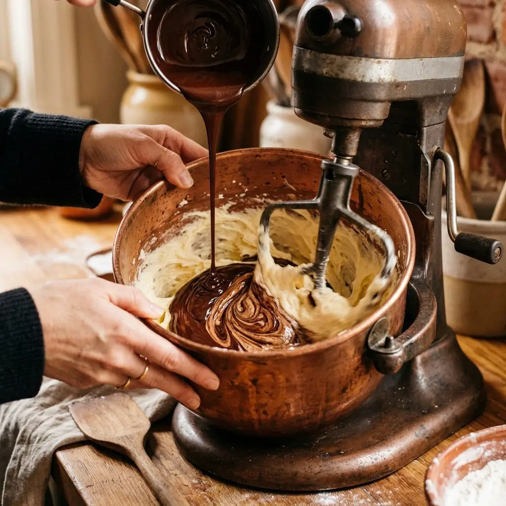 A warm, glossy stream of melted dark unsweetened chocolate being slowly stirred into fluffy, creamed butter and sugar in the bowl of a copper stand mixer. Clean hands are visible holding the bowl. The mixer is a plain, rustic, generic design without any brand logos, text, or writing of any kind. The mixture has a rich, deep brown, glossy sheen. Warm golden kitchen lighting., words, or overlays.