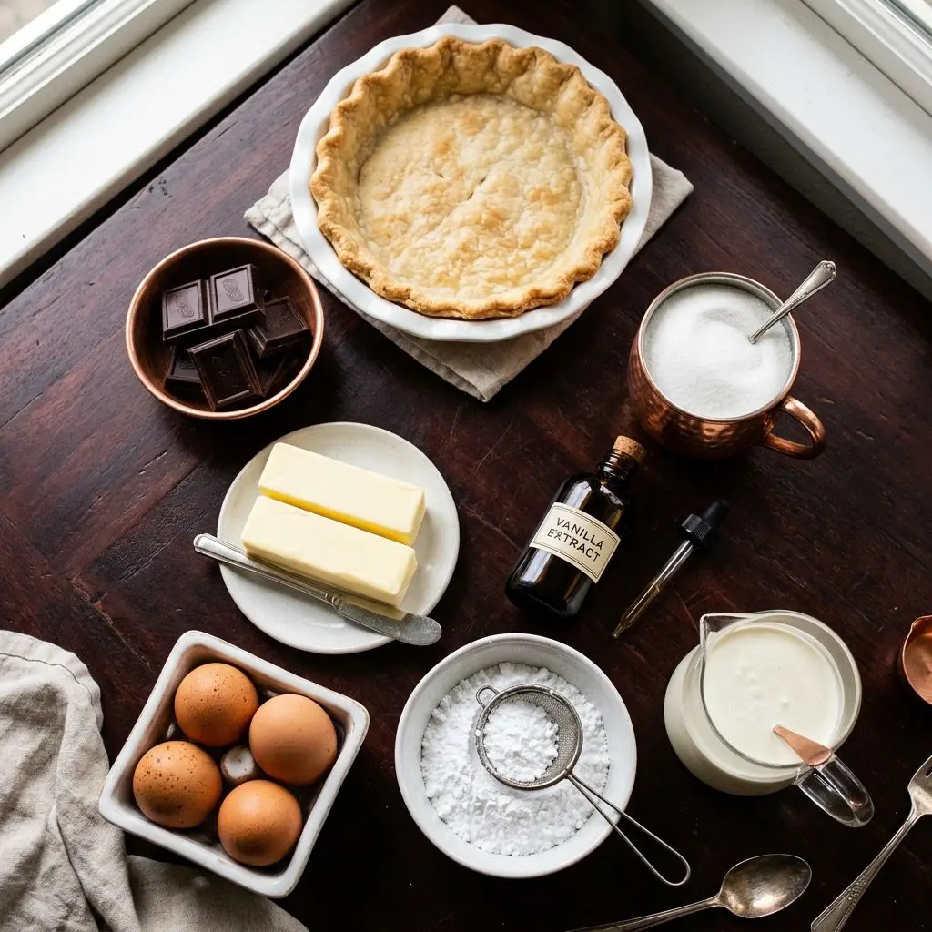 Raw ingredients arranged in copper and white stoneware bowls on a dark mahogany table. The ingredients include a baked golden pie crust in a ceramic pie pan, 4 ounces of unsweetened chocolate blocks, a copper cup of white granulated sugar, 2 sticks of room-temperature butter, vanilla extract in an amber bottle, four large brown eggs in a small ceramic crate, a bowl of powdered sugar, and a glass pitcher of rich heavy whipping cream. Soft, warm ambient light food styling.