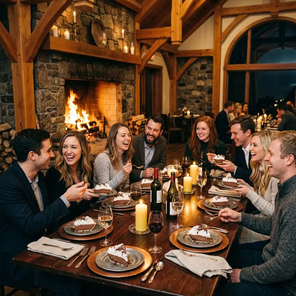 Eight guests laughing, sharing conversations, and enjoying slices of tall Chocolate Silk Pie together. They are gathered around a long dark mahogany harvest table inside a cozy timber-framed estate dining hall on a misty winter evening. The table is dressed with copper chargers, burning beeswax candles casting a warm golden glow, and pewter dessert plates. The background features a large stone fireplace with a crackling fire and warm wood trusses. Cozy, branding.