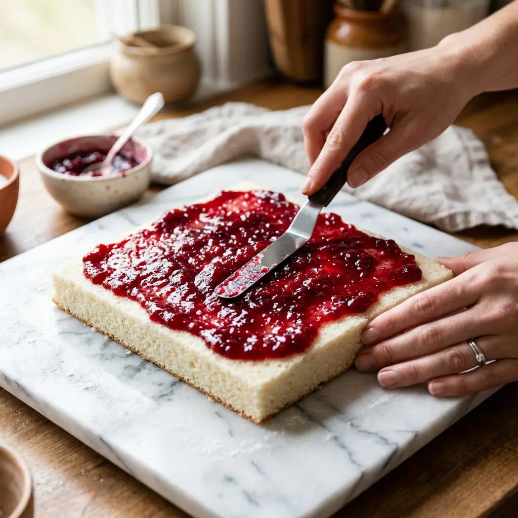 Clean hands gently spreading a thick layer of glossy, vibrant, ruby-red cranberry jam filling over a square cake layer, leaving a neat border around the edges.