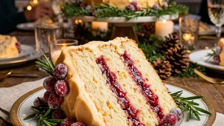 Stunning plated serving of Christmas Cranberry Jam Cake, a chef-tested recipe by Chef Jorj Morgan.