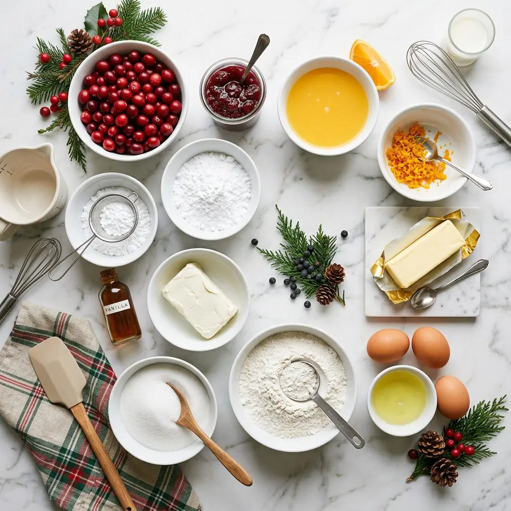 An overhead raw ingredient mise en place for a holiday bake styled on a white marble countertop under soft natural lighting. White porcelain bowls elegantly showcase vibrant red fresh cranberries, a jar of rich cherry preserves, pure orange juice, fresh orange zest, block butter, eggs ready for white separation, fine cake flour, sugar, cream cheese, vanilla extract, and powdered sugar.