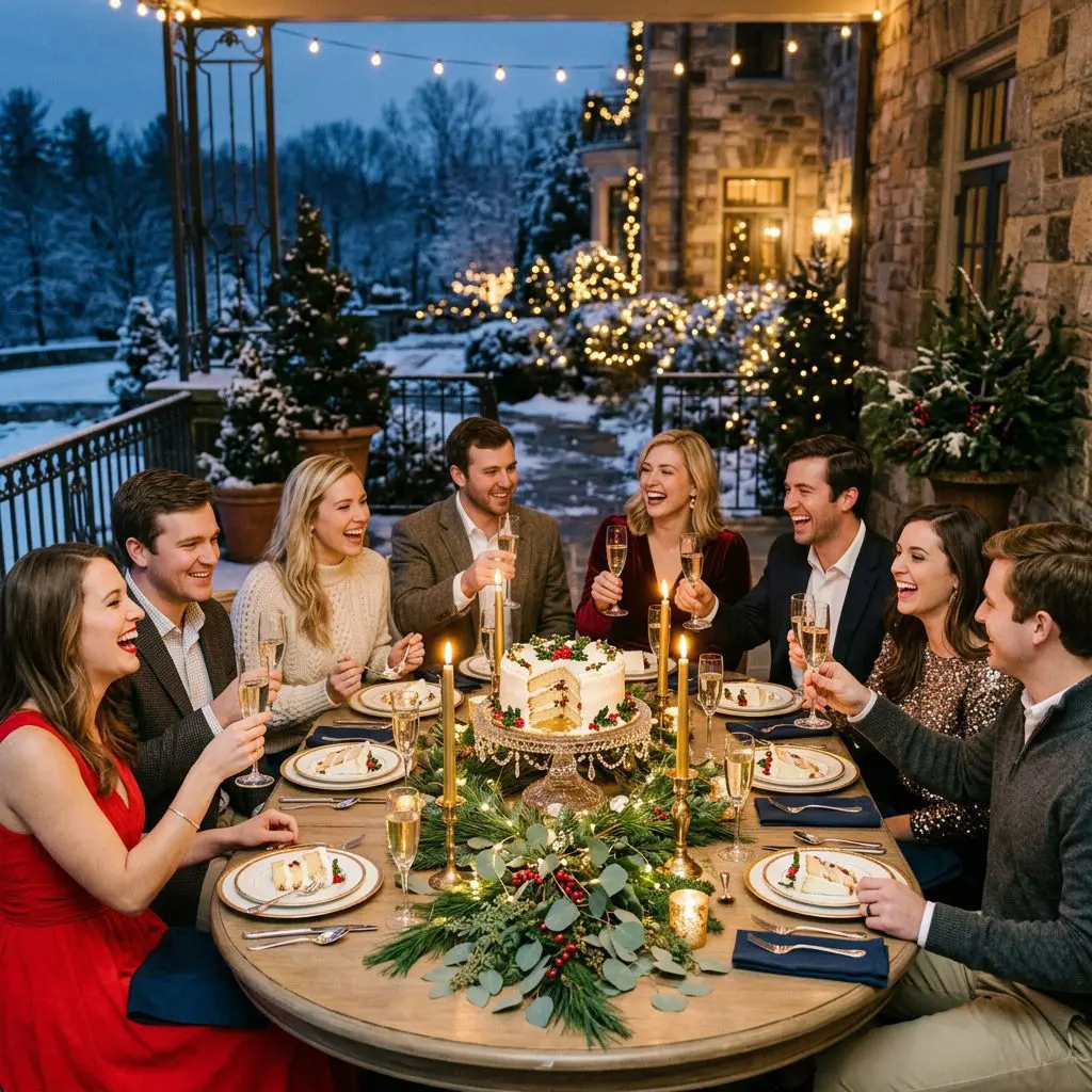 Exactly eight young adult guests enjoying holiday dessert, laughing, and sharing slices of Christmas Cranberry Jam Cake on a North Carolina Estate veranda decorated with soft twinkling holiday lights during a winter twilight.