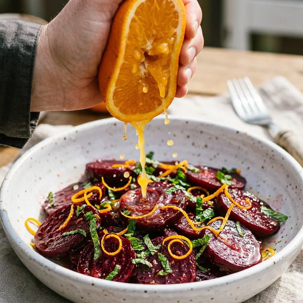 Extreme close-up action shot squeezing fresh orange juice over thinly sliced, roasted ruby red beets