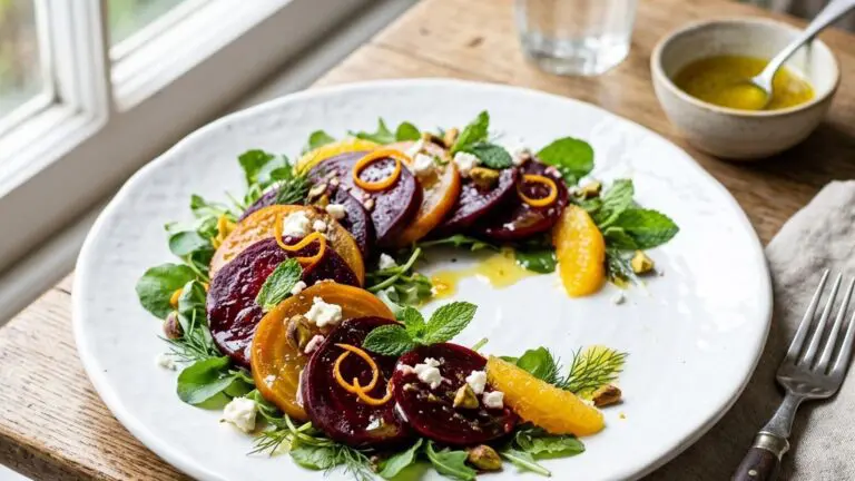 Stunning plated serving of Citrus Marinated Beets, a chef-tested recipe by Chef Jorj Morgan.