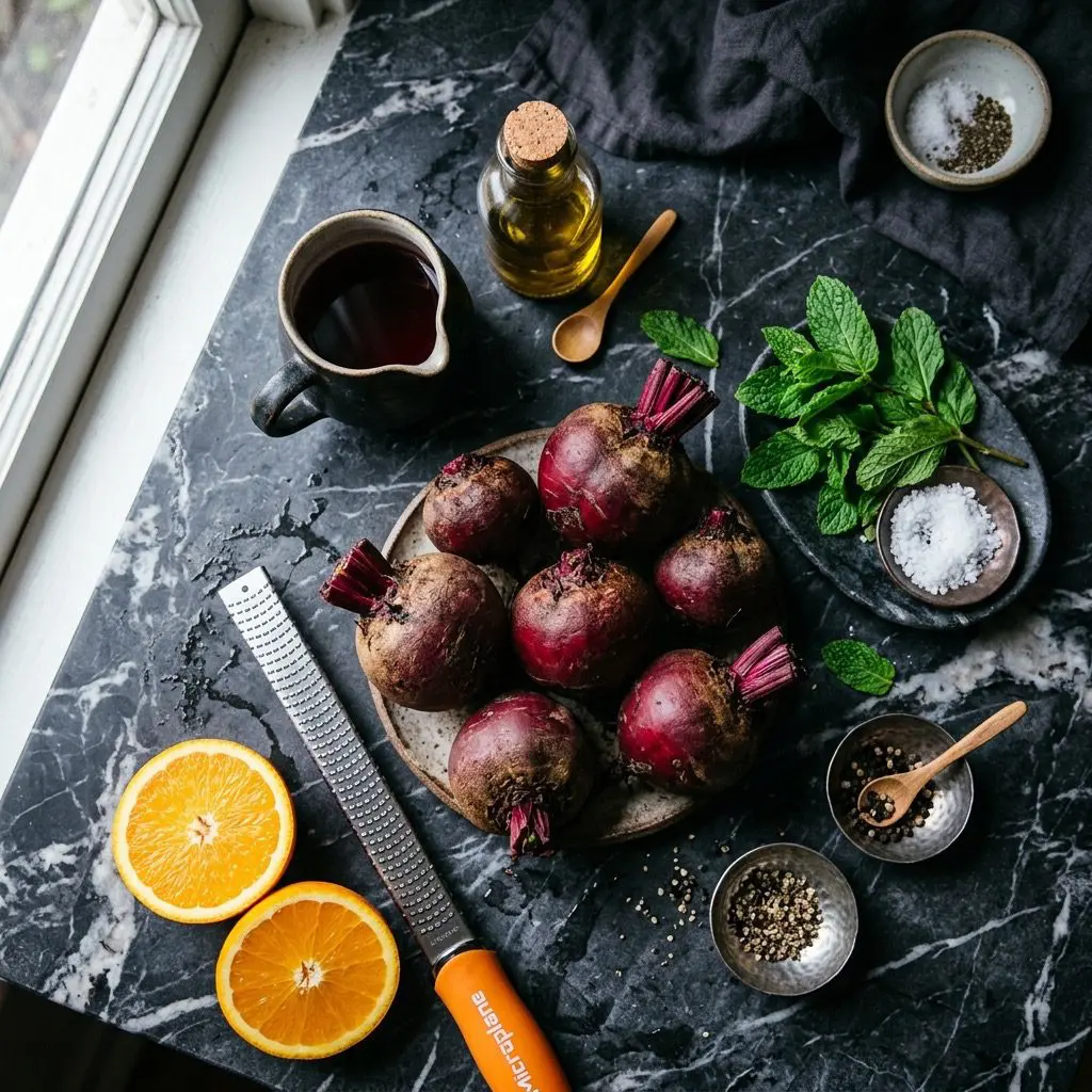 Overhead prep shot of whole raw beets, an orange with a zester, red wine vinegar, olive oil, fresh mint, kosher salt, and coarse black pepper