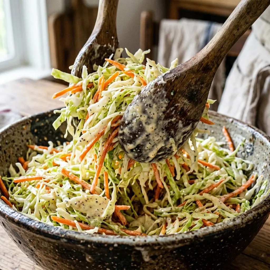 Extreme close-up action shot tossing finely shredded green cabbage and carrots into a creamy mayonnaise dressing