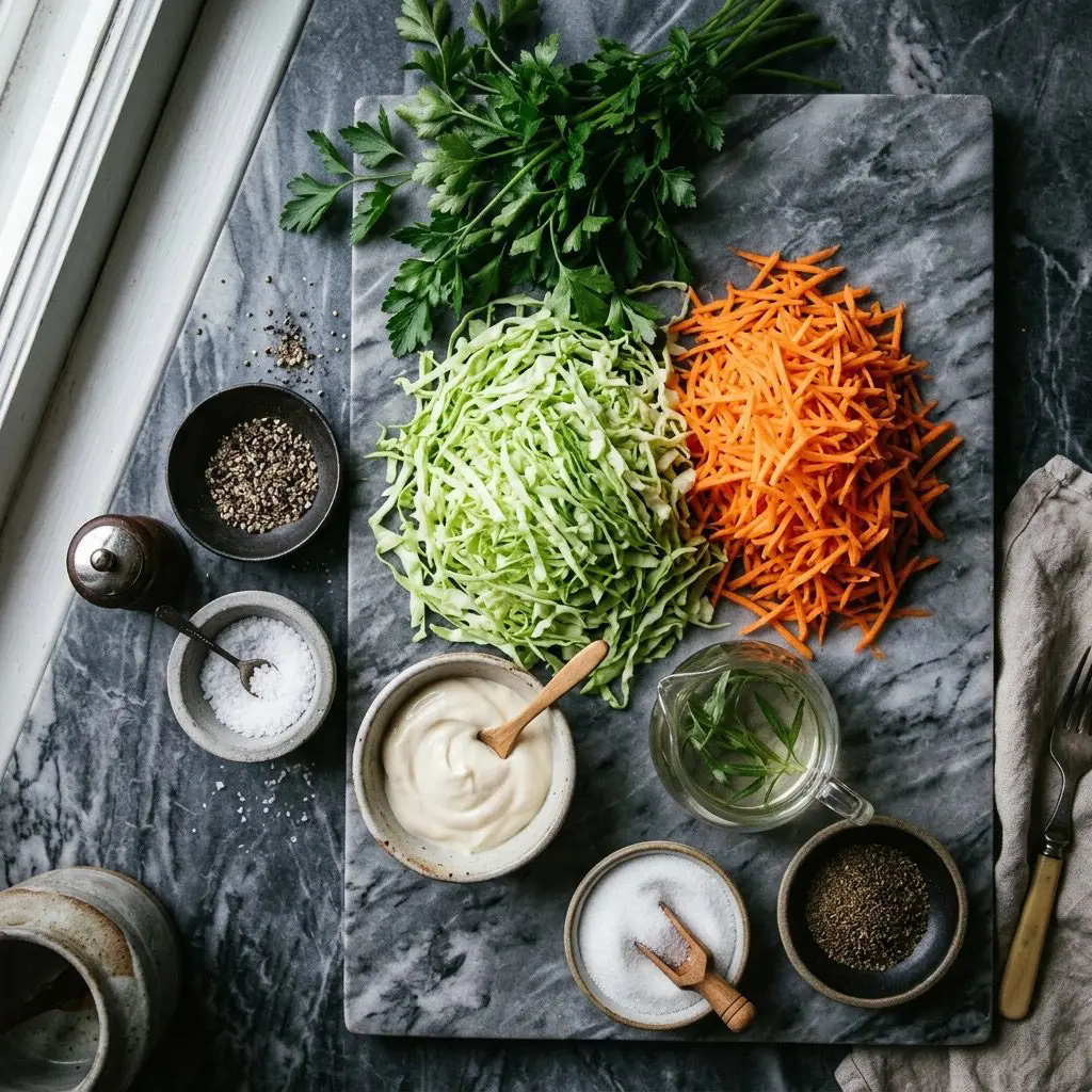 Overhead prep shot of finely shredded green cabbage, shredded carrots, mayonnaise, tarragon vinegar, sugar, celery seed, salt, pepper, and parsley