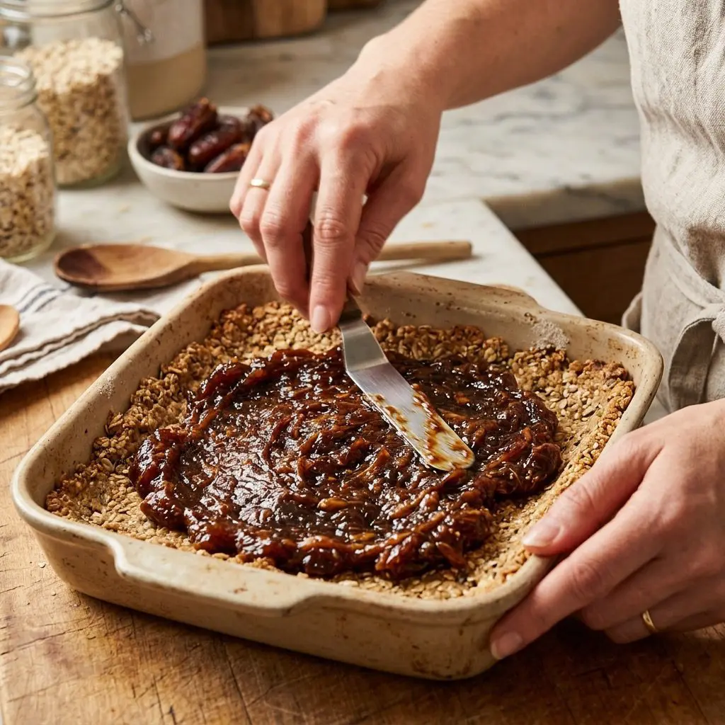 A cook's clean hands spreading a thick, rich, cooked dark-brown date filling over a pressed crumbly oat and flour crust in the bottom of a rectangular ceramic baking dish. The dates show a soft, thick, glossy texture.