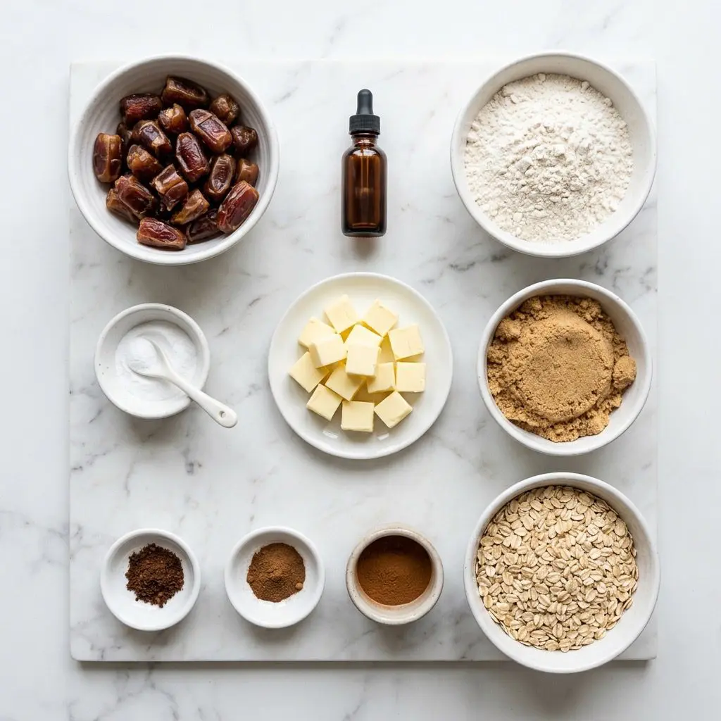 An overhead, neatly organized culinary mise en place for classic date bars on a white marble countertop. Styled white ceramic bowls contain chopped pitted dates, pure vanilla extract in a small glass dropper, unbleached flour, brown sugar, old-fashioned rolled oats, ground cinnamon, ground allspice, ground cloves, baking soda, and cubes of unsalted butter cut into small pieces.