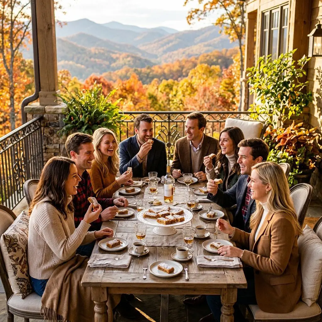 Exactly eight young adult guests enjoying dessert, laughing, and sharing delicious golden classic date bars from a porcelain dish on a sun-drenched veranda of an estate overlooking a North Carolina mountain autumn landscape.