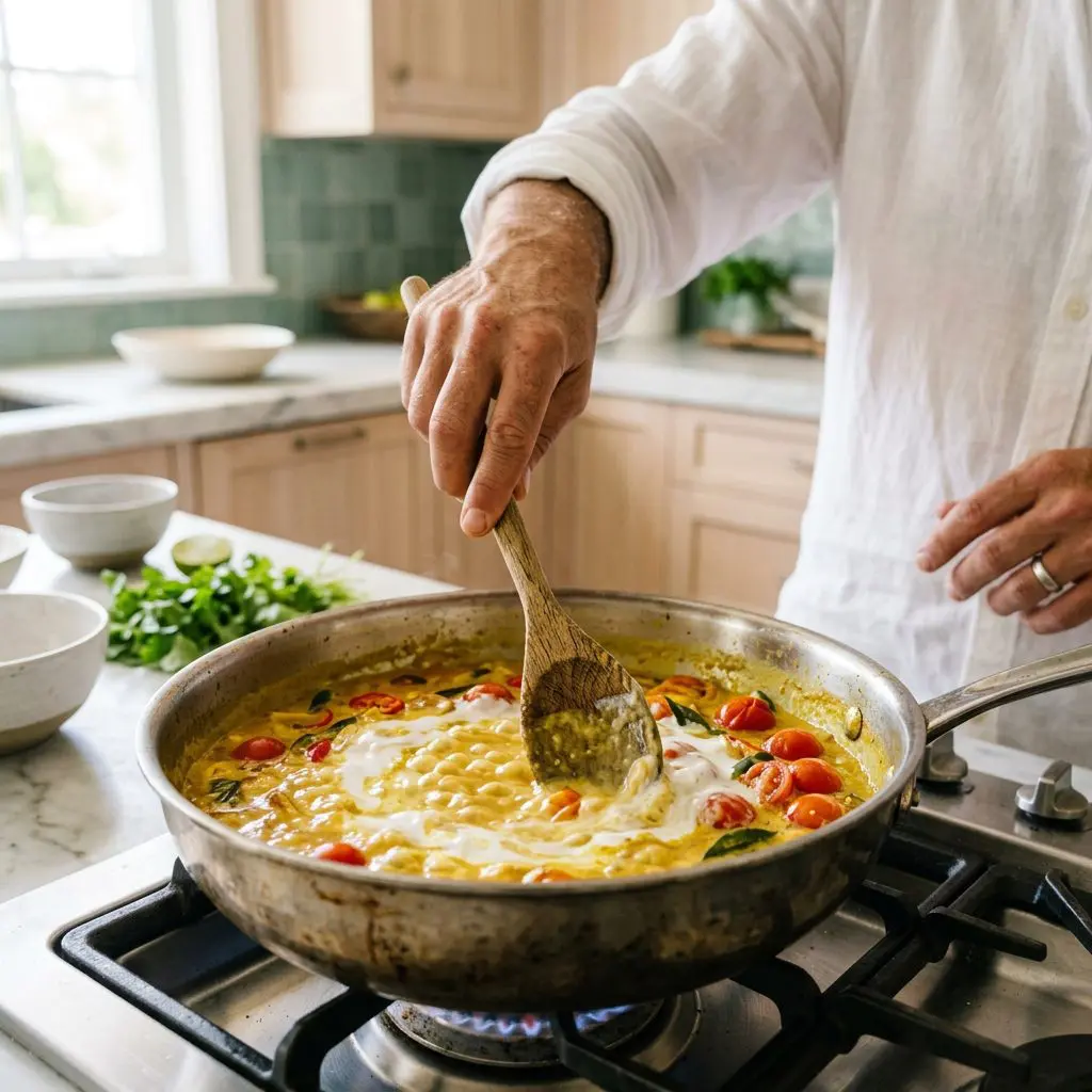 A cook's hand using a rustic wooden spoon to gently stir thick, rich white coconut cream into a simmering, fiercely golden yellow curry and bursting cherry tomato broth in a deep-sided saute pan.