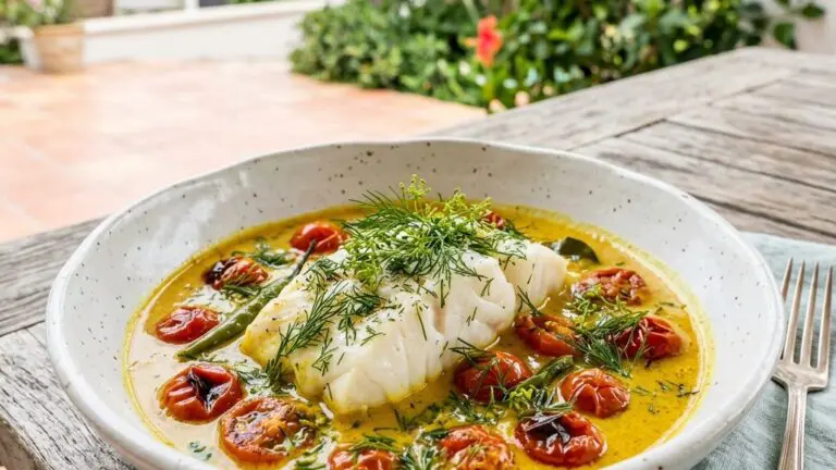 Stunning plated serving of Cod in Tomato-Curry Sauce, a chef-tested recipe by Chef Jorj Morgan.