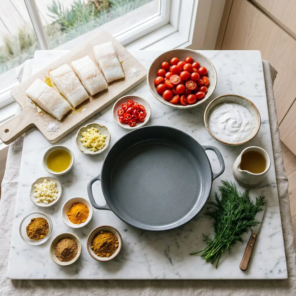 Ingredients arranged: four thick raw cod fillets, a bowl of thick white coconut cream, mounds of bright red cherry tomatoes, sliced red Fresno chilies, grated ginger, minced garlic, ground turmeric, coriander, curry powder, vegetable stock, and fresh dill around a heavy, deep-sided saute pan on a marble prep board.