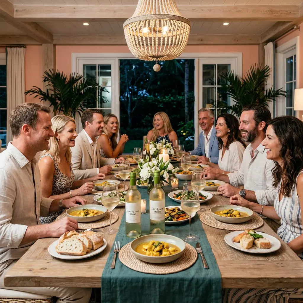 8 guests gathered around the table in a casual but Palm Beach Estate dining room laughing, eating, and drinking icy Sauvignon Blanc in long-stemmed glasses. Shallow bowls of golden cod curry anchor the warm, aromatic coastal dinner party.