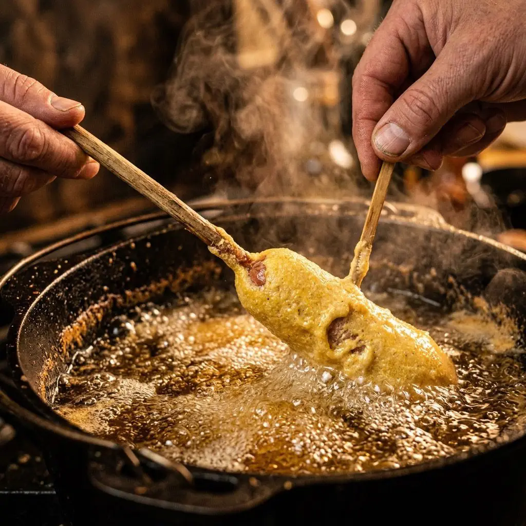 Extreme close-up action shot holding the wooden skewer of a freshly battered hot dog, gently lowering it into a deep cast-iron Dutch oven filled with violently bubbling hot frying oil