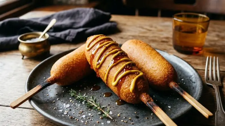 Stunning plated serving of Corn Dogs, a chef-tested recipe by Chef Jorj Morgan.